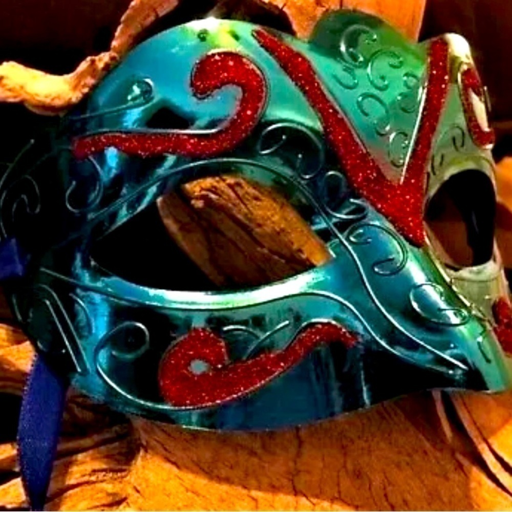 Masquerade Mask Mirror Metallic Blue with Sequins and Ribbon’s OS